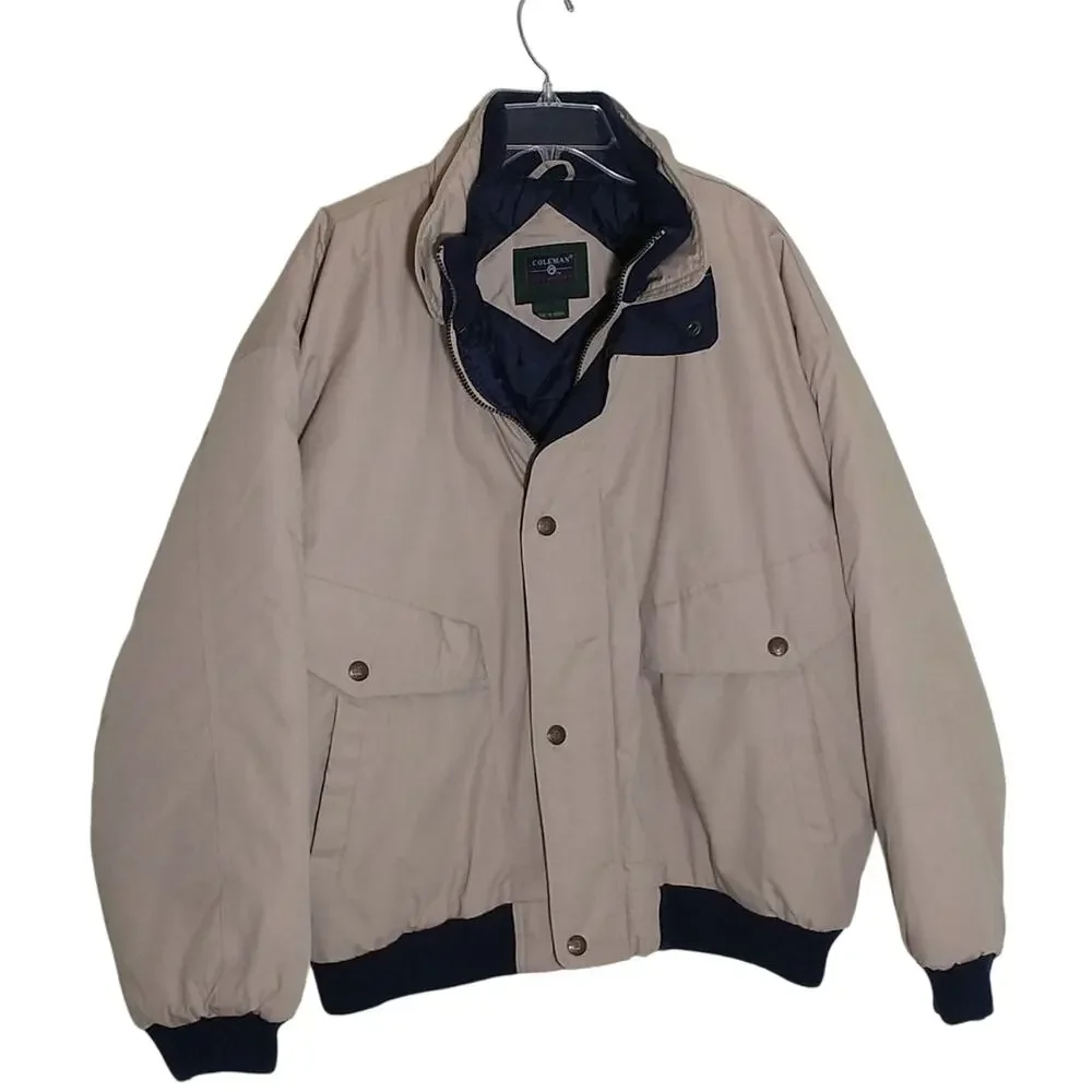 Coleman Outdoors Jacket Men's Sz XL Tan Navy Insulated Utility Full Zip Pockets